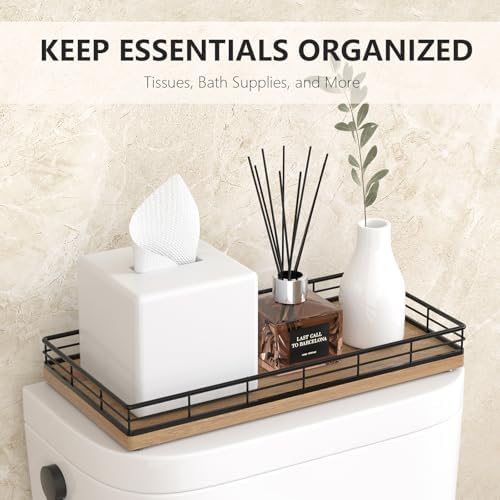 Toilet Paper Basket Organizer, Acacia Wood Toilet Tank Tray, Metal Frame - Image 3