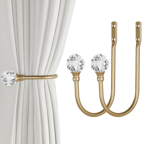 Groleca 2 x Heavy Duty U Shaped Metal Curtain Holdbacks Curtain Tiebacks with Clear Crystal Ball Pull Backs Curtain Holders for Drapes (Champagne Gold) by GROLECA