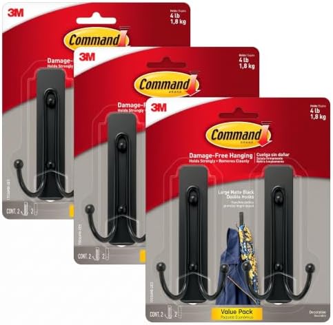 Command Large Matte Black Double Hooks, 2 Hooks and 2 Strips, Damage Free Hanging Wall Hooks with Adhesive Strips, No Tools Coat Hooks for Hanging Home Decor, Holds up to 4 lb (Pack of 3) by Command