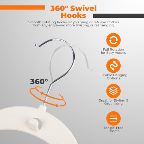Lightweight White Plastic Hangers 20 Pack with Cascading Hook, Space Saving Thin, Closet Organizer, Orange Anti-Slip Pads, 360° Swivel, Tie Holder - Image 4