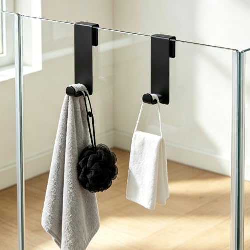 2 Pack Shower Door Hooks, 7 Inch Extended Over Door Towel Hooks for Bathroom Frameless Glass Shower Door, No Drill Stainless Steel Heavy Duty L Shape Hooks (Black, Fits 3/8" Thick Door) - Image 6