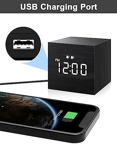 JALL Digital Alarm Clock, with Wooden Electronic LED Time Display, 3 Alarm, 2.5-inch Cubic Small Mini Wood Made Electric Clocks for Bedroom, Bedside, Desk, Black - Image 2