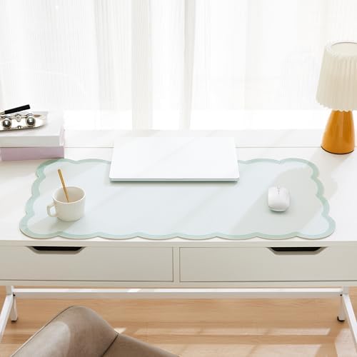Scalloped Desk Mat, 31.5" x 15.7" Large Cute Aesthetic Desk Accessories, PU Leather Computer Laptop Desk Mouse Keyboard Pad, Desk Writing Mat for Vanity/Work/Home Decor (Sage, 31.5" x 15.7") - Image 2