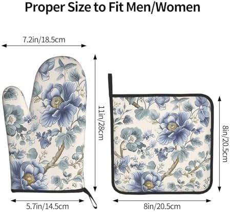 Chinoiserie Style Oven Mitts and Pot Holders Sets Blue Floral Trees Oven Mitts Heat Resistant Vintage Flowers Kitchen Gloves Hot Pads Two Piece Set for Cooking Baking Grilling BBQ - Image 3