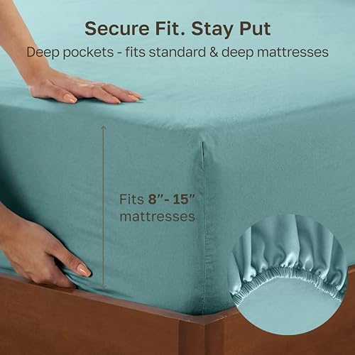California Design Den Soft 100% Cotton Sateen Twin Size Fitted Sheets, Teal - Image 4