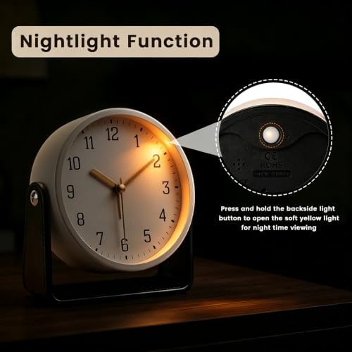 Analog Alarm Clock - 4.5" Silent Non Ticking Small Clock with Light, Rotatable Stand Metal Desk Clock Battery Operated, Simple Design for Living Room Decor/ Bedroom/Bedside/Shelf (Black & White) - Image 5