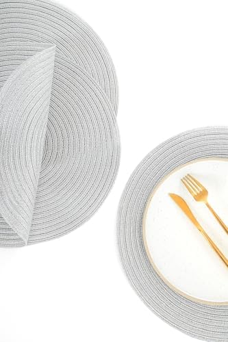 Floroom 15 Inch Round Braided Placemats Set of 6, Washable Heat Resistant Cotton Polyester Circle Place Mats for Kitchen Dining Table - Shimmer Silver - Image 3