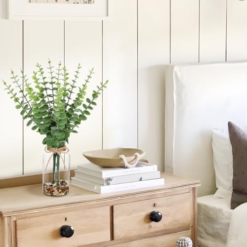 Hollyone Artificial Eucalyptus Stems in Glass Vase with Faux Water and Stones, 15.7" Fake Plants Eucalyptus Leaves Branch for Indoor Shelf Desk Home Bathroom Wedding Table Centerpiece Decor - Image 6