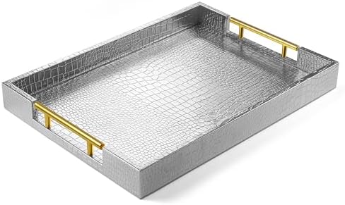 ATZYmolin 17"x12" Leather Serving Tray, Gold Handle Vanity Platter, Silvery by ATZYmolin