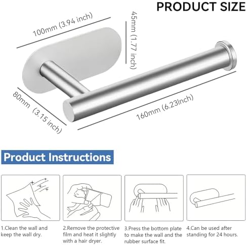 No Drill Self Adhesive Toilet Paper Holder wall Mount Towel Rack Silver - Image 2