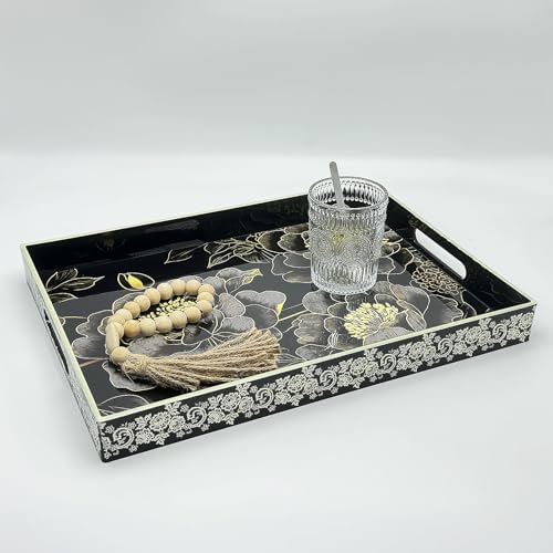 Serving Tray with Handles, 15.7 * 11.8 inches, Plastic Ottoman Tray with Exquisite Paintings, Trays for Coffee Table - Image 4