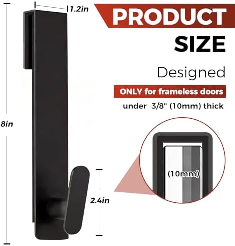 Shower Door Hooks 8 Inch,Extended Heavy Duty Shower Hooks for Towels,Over the Towel Hooks for Bathroom Frameless Glass Door (Black,2 Pack) - Image 2
