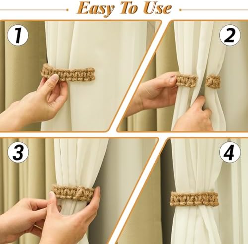 Ptwola 2 Pack Braided Curtain Tiebacks Boho Elegant Rustic Curtain Holdbacks Tie Backs Holders Set Simple Light Weight Drapes Decorative Accessories Handmade for Home Office Bedroom Window (2, Linen) - Image 4