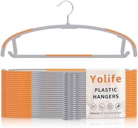 Yolife Plastic Clothes Hangers 50 Pack with Non-Slip Pads, 17.5" L × 8.3" H Heavy Duty Hanger with 360° Swivel Metal Hook, Slim Space Saving Hangers for Closet Organizer, Gray & Orange by yolife