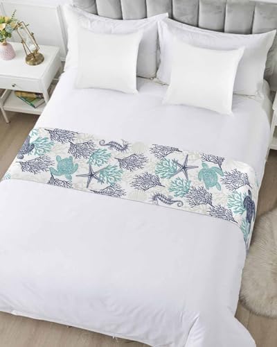 Teal Blue Coastal Bed Runner for King Size Bed, Bedspread Protector Slipcover Bed Scarf for Foot Bed Runners & Scarves for Bedroom Hotel Wedding Room 102x20 Sea Turtle Nautical Coral Summer Beach - Image 5