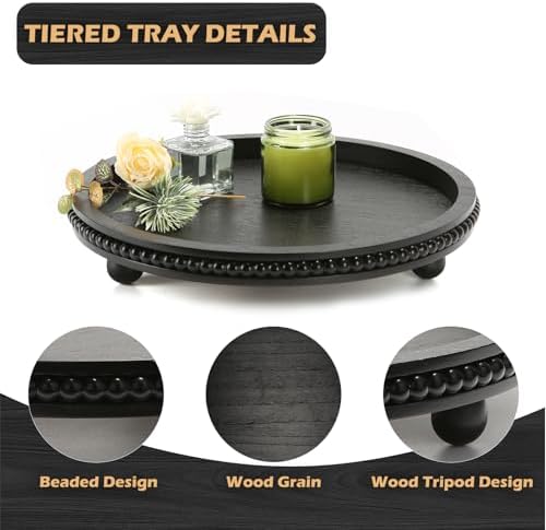 Wooden Round Black Beaded Decorative Tray for Coffee Table - Image 2