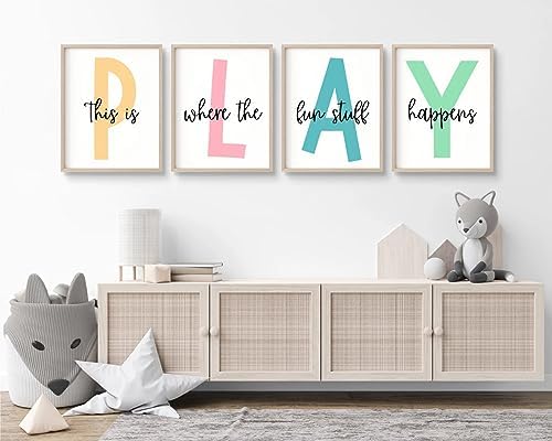 Baccone Kids Playroom Wall Art Playroom Wall Decor Kids Play Canvas Wall Art Play Sign Pictures Toddler Playroom Art Prints Nursery Children Artwork for Room Bedroom Set of 4 12x16 Inch Unframed by Baccone