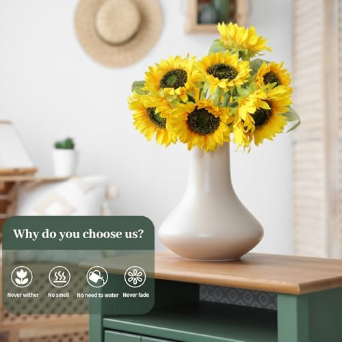 7Pcs Realistic Silk Sunflowers Artificial Flowers,12.6''Fake Sunflowers with Adjustable Long Stem&Detachable Flower Head,Perfect for Home Decor,Wedding,DIY,Sunflowers Decoration for Indoor&Outdoor - Image 5
