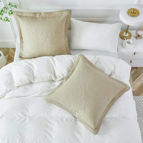 WINLIFE 100% Cotton Quilted Euro Sham Covers, 2 Pack Cotton 26'' x 26'' Pillow Covers, Soft and Breathable Euro Shams, Square Pillow Shams, Khaki - Image 2