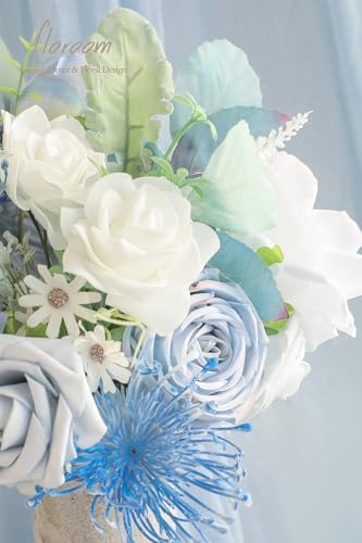 Floroom Dusty Blue Powder Blue Artificial Flowers Fake Roses Dahlias and Greenery Combo Box Set for DIY Wedding Bouquets Bridal Shower Centerpieces Floral Arrangements Party Tables Home Decorations - Image 3