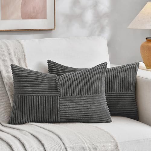 Fancy Homi 2 Packs Dark Gray Lumbar Decorative Throw Pillow Covers 14x22 Inch for Living Room Couch Bed Sofa, Farmhouse Home Decor, Soft Striped Corduroy Rectangle Accent Cushion Case 35x55 cm by Fancy+Homi