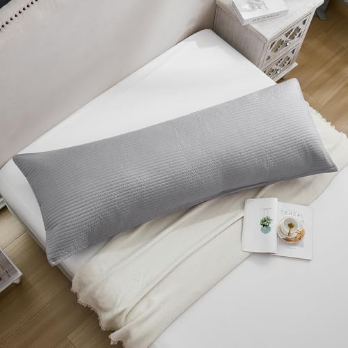 Quilted Body Pillow Cover, Striped Long Size 21"x54" Body Pillowcase 1PC Soft Breathable Long Pillow Cover for Pregnant Women Side Sleeper, Envelope Closure, Gray - Image 3