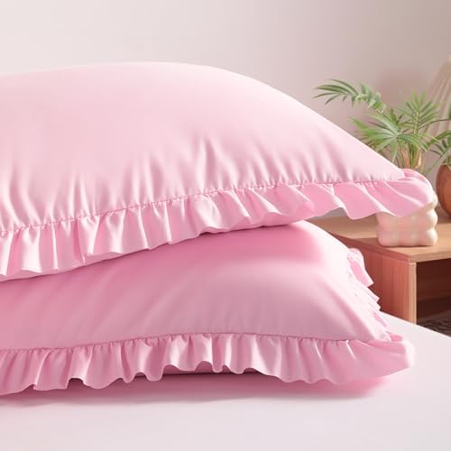 BEDSUM Queen Ruffled Pillow Shams - Set of 2, 20x30, Pink by BEDSUM