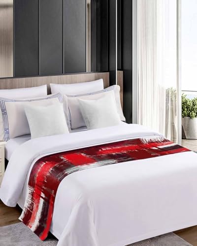 Oil Painting Red Bed Runner for Full/ Queen Size Bed, Bedspread Protector Slipcover Bed Scarf for Foot Bed Runners & Scarves for Bedroom Hotel 83x20 Inches Modern Geometric Black White Abstract Art - Image 4