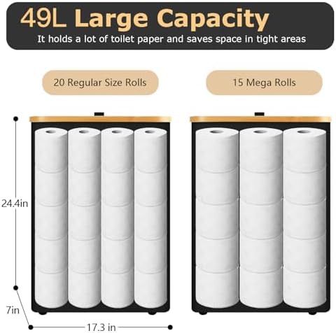 Extra Large Toilet Paper Storage Basket with Lid 49L Slim Toilet Paper Basket Holder Bin Container Organizer for Bathroom Hold up to 20 Regular Rolls or 15 Mega Rolls - Image 2