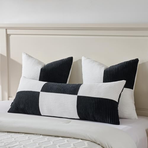 Fancy Homi Set of 2 Black White Decorative Throw Pillow Covers 22x22 Inch for Living Room Couch Bed Sofa, Farmhouse Boho Home Decor, Soft Cross Corduroy Patchwork Accent Square Cushion Case 55x55 cm - Image 5