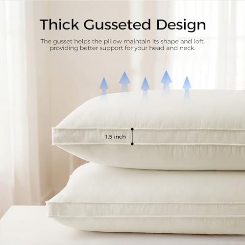 puredown® Gusseted Goose Feather Down Pillows, 100% Organic Cotton Cover, Luxury Hotel Collection Bed Pillows for Sleeping Set of 2, Standard Size - Image 4
