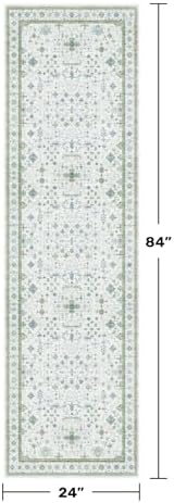 Hazo Haus Boho Bathroom Runner 2x7 - Cream Green Oushak Floral Turkish, Washable Low Pile Non Slip Stain Resistant Small Accent Rug for Kitchen, Hallway - Image 2