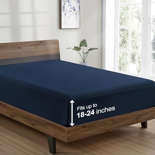 FreshCulture Queen Fitted Sheet Only - Hotel Quality Ultra Soft & Breathable Brushed Microfiber Fitted Sheet with 21 Inch Deep Pockets - Fits Queen Size Bed (Navy Blue) by FreshCulture