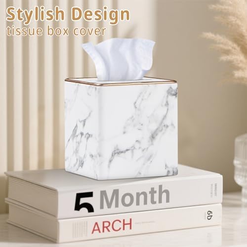PU Leather Tissue Box Cover Square, Marble Facial Tissue Cube Box Holder - Image 2