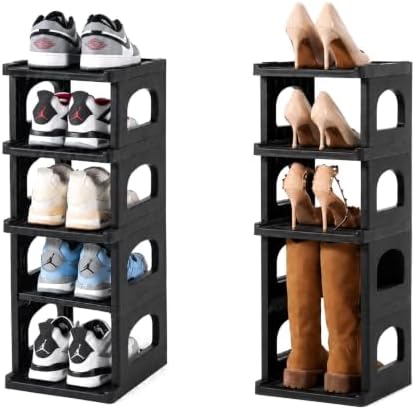 5 Tiers Vertical Shoe Rack for Closet Narrow Shoe Holder Storage Organizer, Plastic Free Standing Shoe Rack Shelf for Entryway Stackable Stability DIY, Black by HHKHenHaoKan