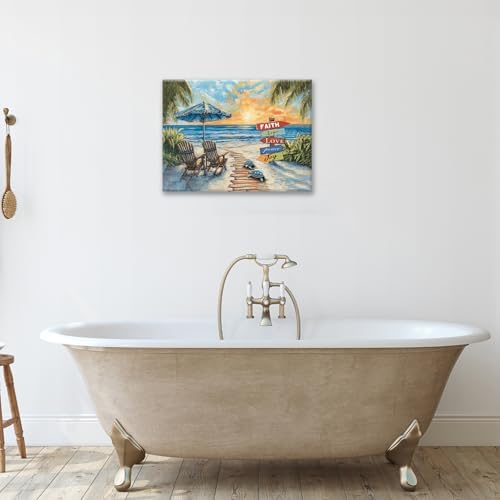 Beach Ocean Bathroom Pictures Wall Art, Seaside Coastal Bathroom Wall Decor, Sunrise Framed Painting Canvas Artwork for Bedroom Living Room Decorations 16" L x 12" W - Image 6