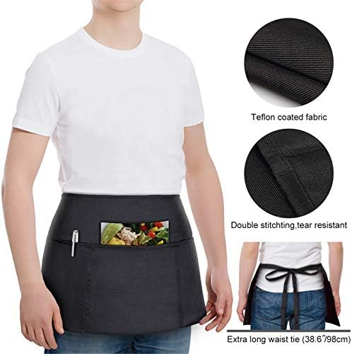 3 Pack Waist Apron - Server Aprons With 3 Pockets - Water & Oil Resistant Waitress Apron - Black Half Aprons for Women Servers - 12 Inch - Image 5