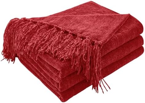 CozeCube Chenille Throw Blanket, Christmas Red Fringe Blanket, 60"X80" by CozeCube