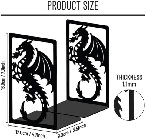 WADORN Creative Dragon Metal Bookends for Shelves Decorative 1 Pair, Heavy Duty Books End Support Non-Skid Book Holder Black L-Shaped Book Stopper for Home Office Desk Book Divider, 4.7x3.5x7 Inch - Image 3