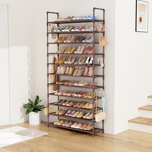 LANTEFUL 11 Tiers Tall Shoe Rack Holds 55 Pairs of Shoes with 18pcs Hooks Sturdy Wide Shoe Organizer Storage Free Standing Metal Shoe Shelf for Closet, Entryway Brown - Image 7