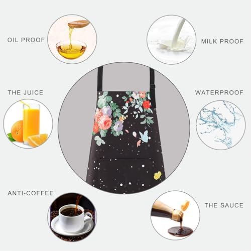 DILLMAN 2 Pack Floral Aprons with Pocket Blooming Womens Waterproof Adjustable Cooking Aprons Kitchen Gardening Salon - Image 2