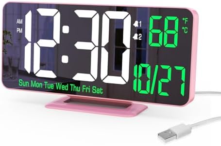 KOSUMOSU Pink Digital Clock 6.7in Desk Clock with Dual Alarm Clock, Dimming, 12/24h, Date, Day of Week, Temp, Digital LED Clock, Alarm Clock for Table, Digital Calendar Table Clocks for Bedrooms by KOSUMOSUTECHNOLOGY