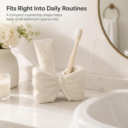 White Bow Toothbrush Holder, Ceramic 2-Slot Toothbrush and Toothpaste Organizer, Cute Bathroom Counter Storage Rack for Toothbrushes, Floss, Razors & Daily Oral Care Items - Image 4