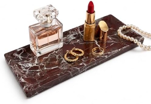 Marble Decorative Tray for Home Decor, Red Vanity Tray for Bathroom Countertop, Small Perfume Tray for Dresser, Luxury Stone Organizer for Jewelry, Candles & Skincare, 11 x 4.7 in by Unknown