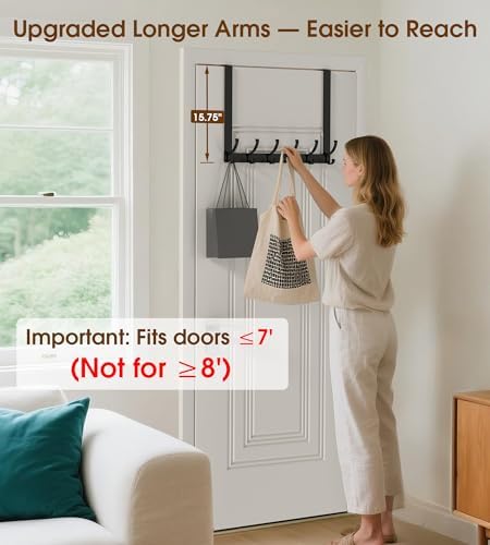 KitchLife Long Over The Door Hooks Hanger with 15.75 inches Extended Arms, Fits 1 3/8" Doors, F40U, 6 Double-Hanger Design Thickened Heavy Duty Bathroom Towel Rack Organization, Matte Black, 1 Pack - Image 2