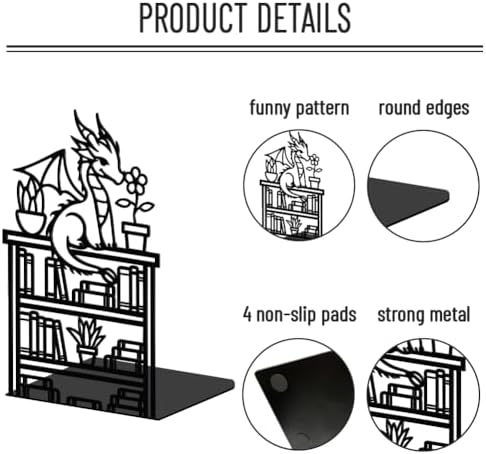 WADORN Dragon Reading Book Metal Bookends for Shelves Decorative 1 Pair, Heavy Duty Books End Support Non-Skid Book Holder Black L-Shaped Book Stopper for Home Office Desk Book Divider, 4.7x3.5x7 Inch - Image 4