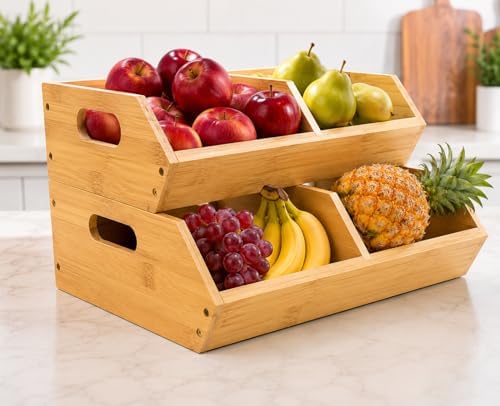 2-Pack Stackable Vegetable Storage Bins, Kitchen and Pantry Organizers and Storage Baskets, for Fruit, Vegetable, Produce, Bread, Potato Onion and Snacks, Bamboo Kitchen Storage Containers by Unknown