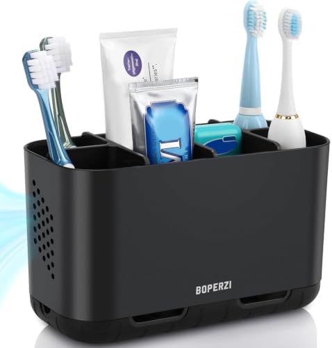 Boperzi Toothbrush Holders for Bathrooms Organizers and Storage, Large Tooth Brush Holders with Drainage, Anti-Slip Electric Toothbrush and Toothpaste Holders Caddy for Shower Kids Family, Black by Boperzi