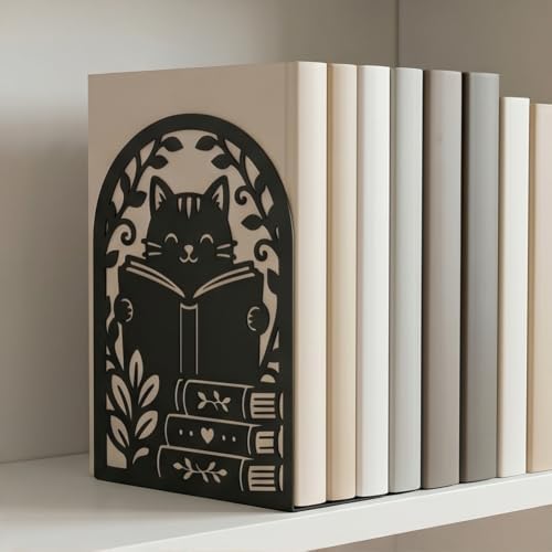 2 Pairs Reading Cat Metal Bookends, Heavy Duty Black Book Support, Creative Books Organiser Stopper for Shelves Bookshelf Office Home Decor, Cat Lovers & Bookworms Gift - Image 5