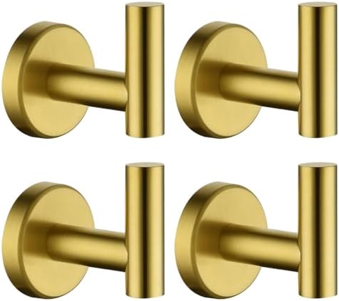 JQK Bathroom Towel Hook Brushed Gold, Brass Coat Robe Clothes Hook for Bathroom Kitchen Garage Wall Mounted (Pack of 4), SUS 304 Stainless Steel 0.8mm, TH100-BG-P4 by Homeimprovement